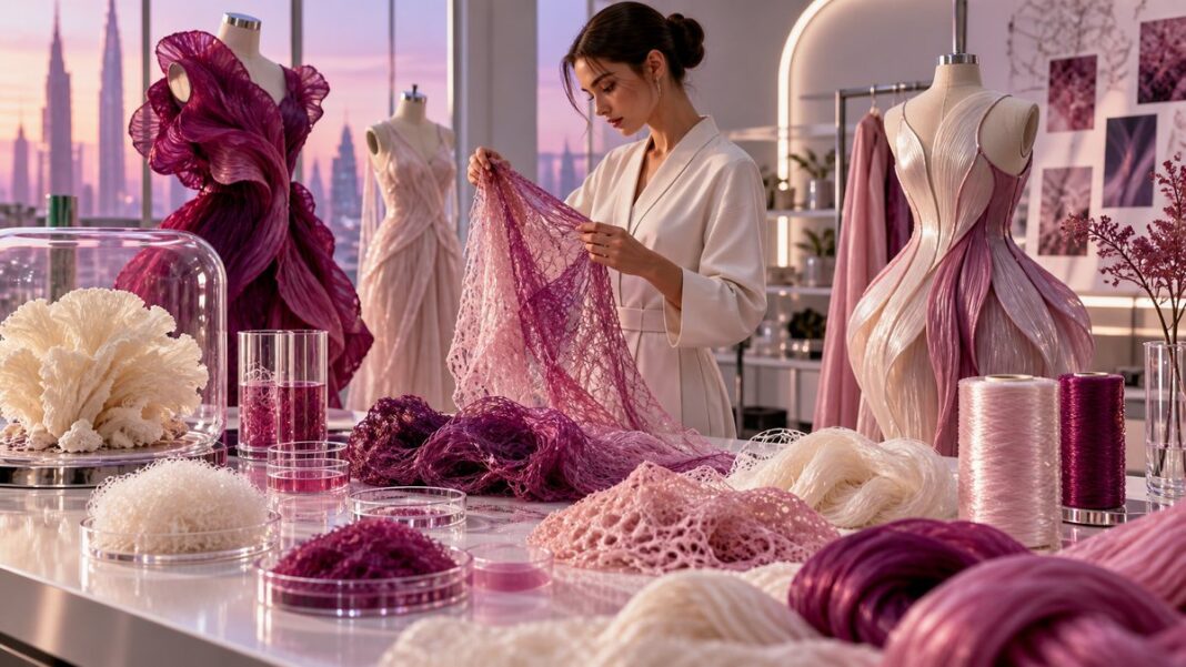 Biofabricated textiles and sustainable fashion materials in a design studio
