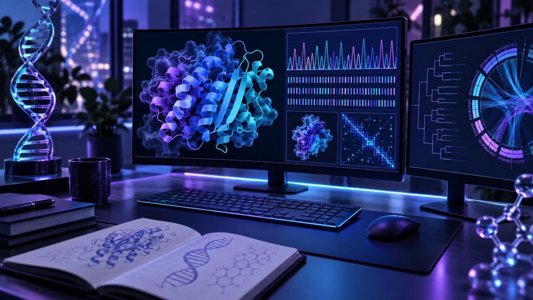 Computational biology workstation displaying DNA and protein data