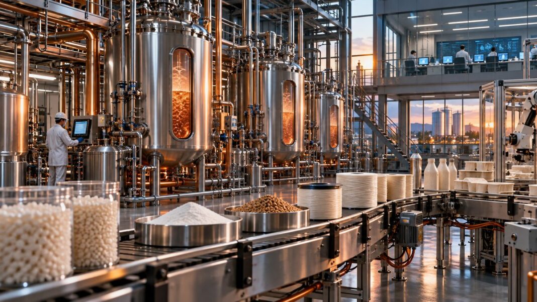 Industrial biomanufacturing facility with fermentation vessels and sustainable materials